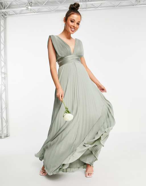 ASOS DESIGN Bridesmaid pleated cami maxi dress with satin wrap waist in olive MGREEN