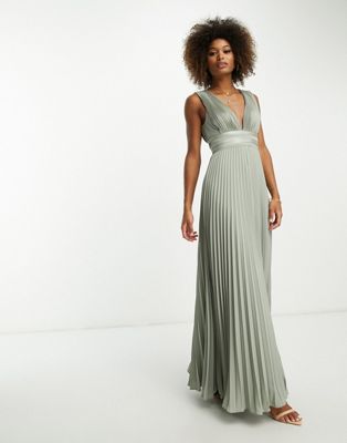 Asos Design Bridesmaid Pleated Cami Maxi Dress With Satin Wrap Waist In Olive-green