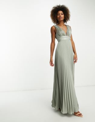 Asos Design Bridesmaid Pleated Cami Maxi Dress With Satin Wrap Waist In Olive-green