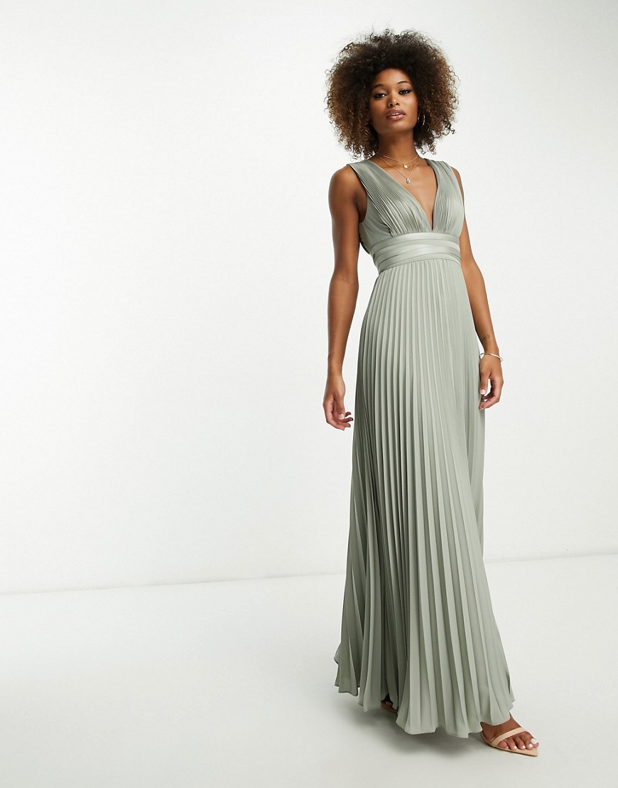 Asos Design Bridesmaid Pleated Cami Maxi Dress With Satin Wrap Waist In Olive-green
