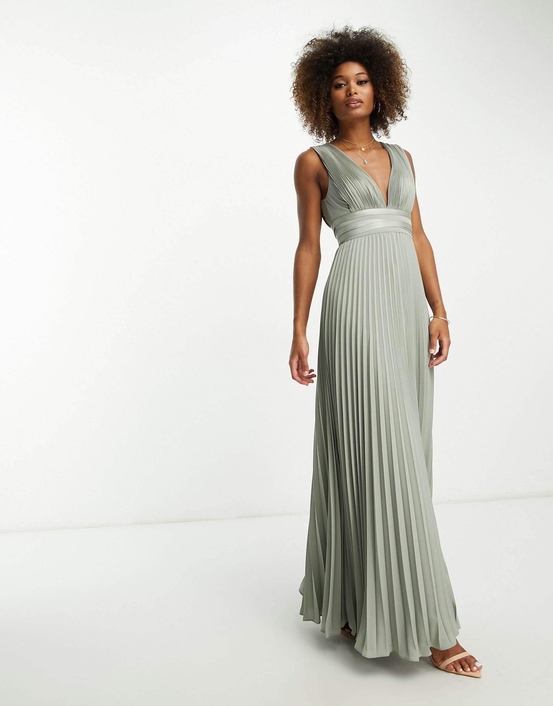 asos design bridesmaid pleated cami maxi dress with satin wrap waist in olive