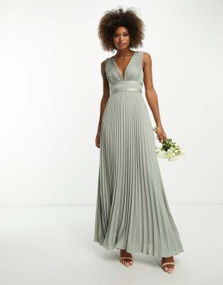 ASOS DESIGN Bridesmaid pleated cami maxi dress with satin wrap waist in  olive | ASOS