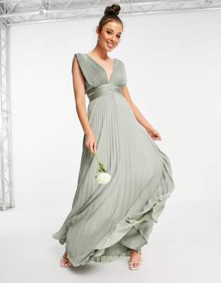 ASOS DESIGN Bridesmaid pleated cami maxi dress with satin wrap waist in olive-Green