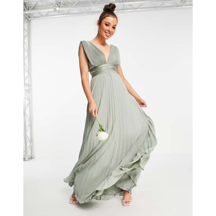 ASOS DESIGN bridesmaid tulle cami maxi dress with satin ribbon waist detail  and pleated skirt in champagne - ShopStyle