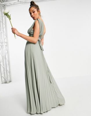 ASOS DESIGN Maternity Bridesmaid pleated flutter sleeve maxi dress with  satin wrap waist in olive