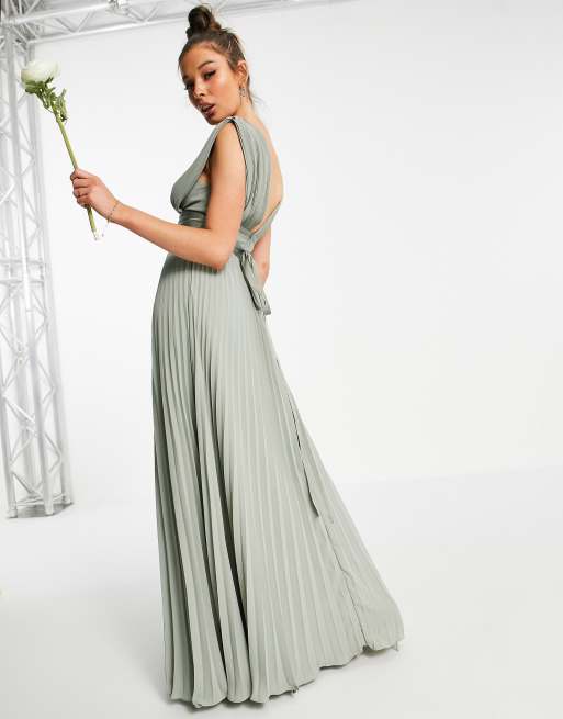 ASOS DESIGN bridesmaid tulle cami maxi dress with satin ribbon waist detail  and pleated skirt in champagne - ShopStyle