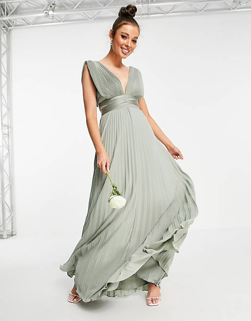ASOS DESIGN Bridesmaid pleated cami maxi dress with satin wrap waist