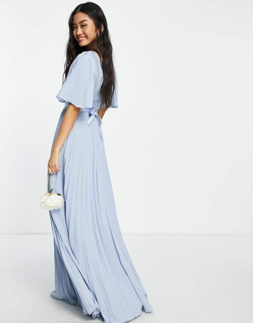 ASOS DESIGN Bridesmaid pleated flutter sleeve maxi dress with satin wrap  waist in blue