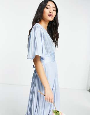 ASOS DESIGN Bridesmaid pleated flutter sleeve maxi dress with satin wrap  waist in blue