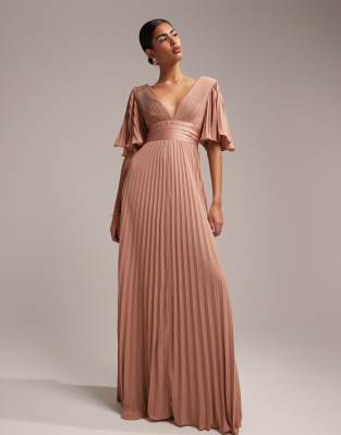 Asos Design Bridesmaid Pleated Flutter Sleeve Maxi Dress With Satin Wrap Waist-pink In Brown