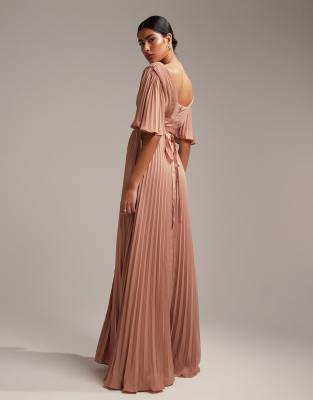 ASOS DESIGN Bridesmaid pleated flutter sleeve maxi dress with satin wrap  waist in mocha