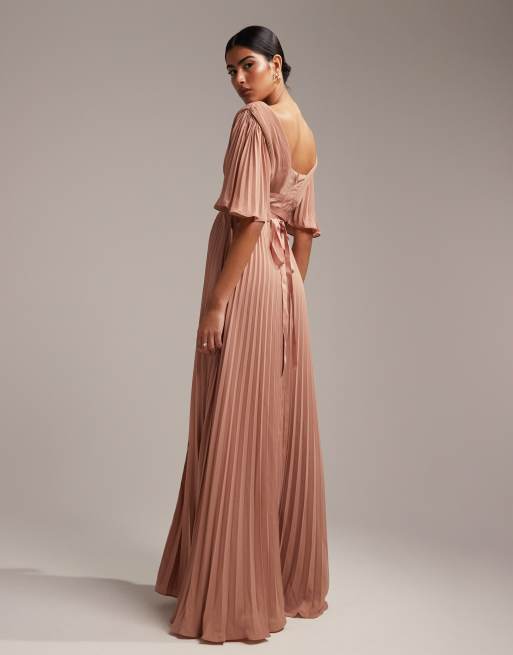 Asos design pleated maxi 2024 dress with flutter sleeve