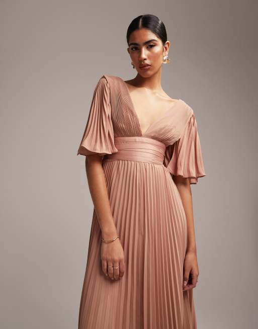 ASOS DESIGN Bridesmaid pleated flutter sleeve maxi dress with satin wrap  waist