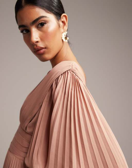 ASOS DESIGN Bridesmaid ruched bodice drape maxi dress with wrap waist and  flutter cape sleeve in blush - ShopStyle