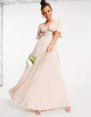 ASOS DESIGN Bridesmaid pleated flutter sleeve maxi dress with satin wrap waist-Pink