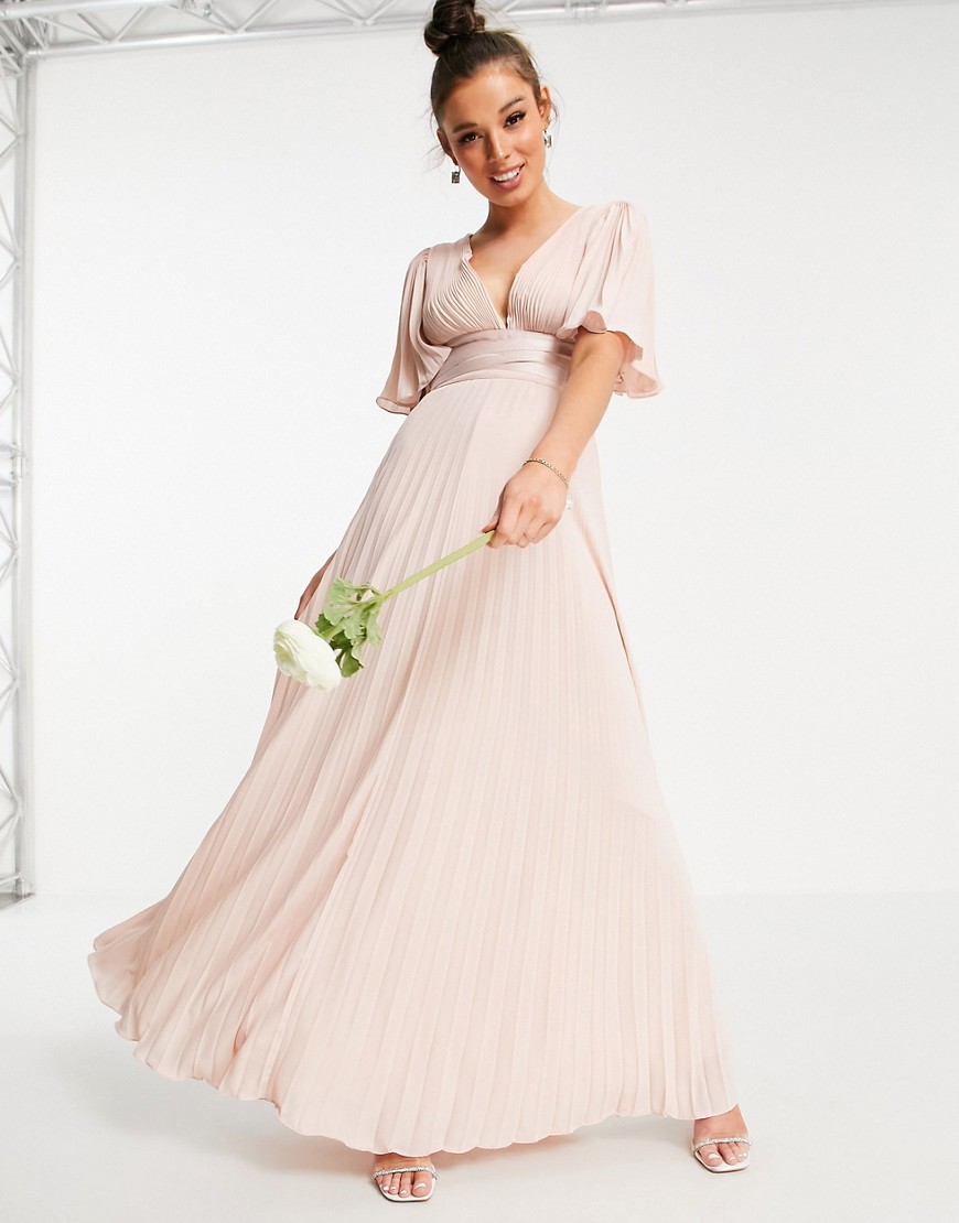 ASOS DESIGN Bridesmaid pleated flutter sleeve maxi dress with satin wrap waist-Pink