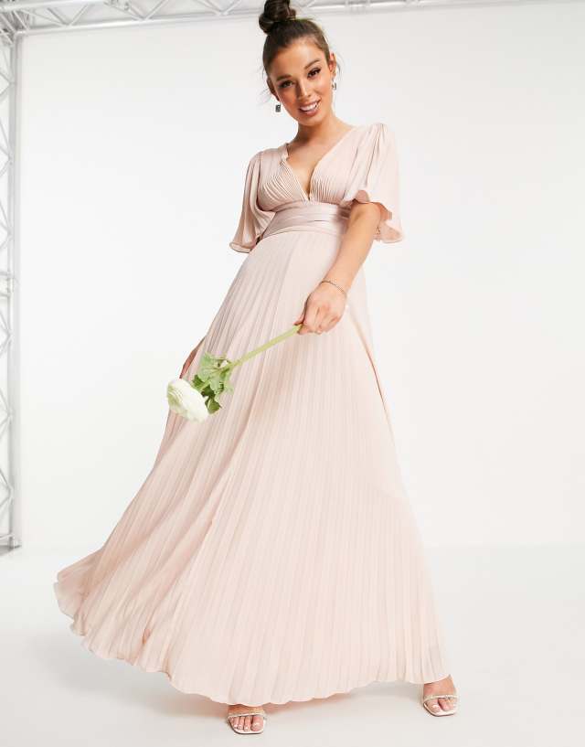 ASOS DESIGN - bridesmaid pleated flutter sleeve maxi dress with satin wrap waist