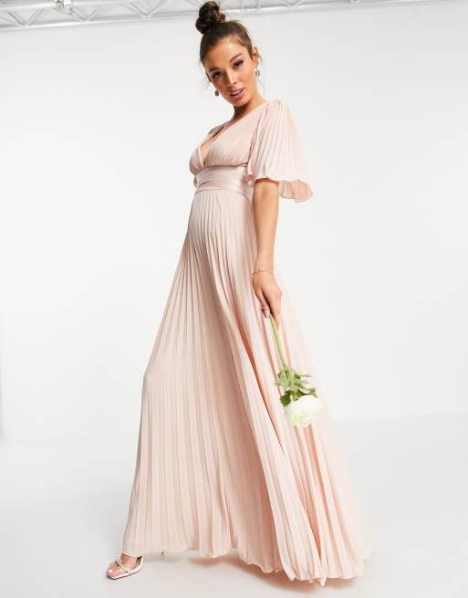 ASOS DESIGN Bridesmaid flutter sleeve maxi dress with satin trim detail and  wrap skirt