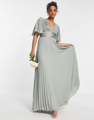 ASOS DESIGN ASOS DESIGN Bridesmaid pleated flutter sleeve maxi dress with satin wrap waist-Green