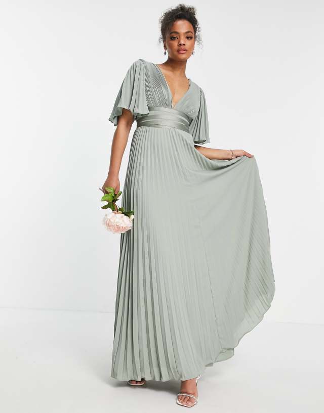 ASOS DESIGN - bridesmaid pleated flutter sleeve maxi dress with satin wrap waist