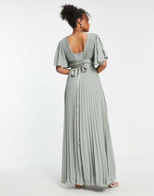 Pleated maxi dress with cheap flutter sleeve