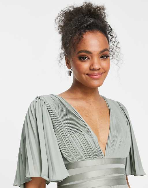 ASOS DESIGN Maternity Bridesmaid pleated flutter sleeve maxi dress with  satin wrap waist in olive