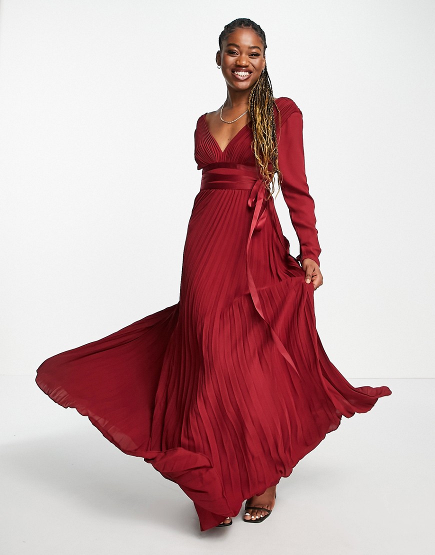 ASOS DESIGN Bridesmaid pleated long sleeve maxi dress with satin wrap waist in burgundy-Red