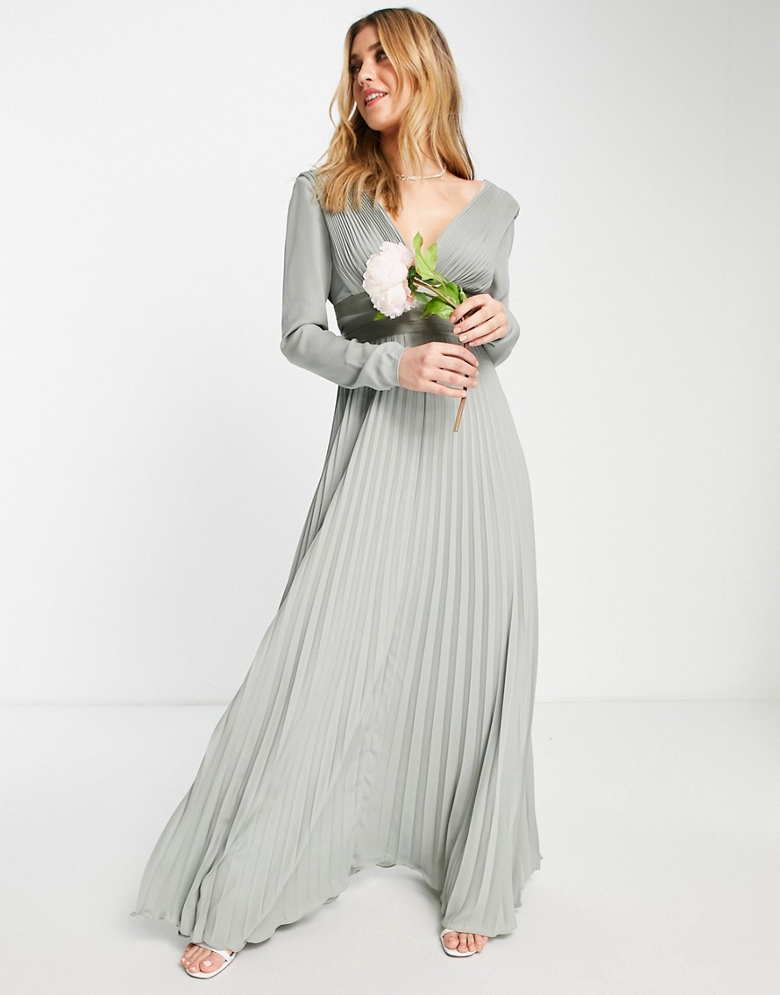 Asos Design Bridesmaid Pleated Long Sleeve Maxi Dress With Satin Wrap Waist In Olive-Green