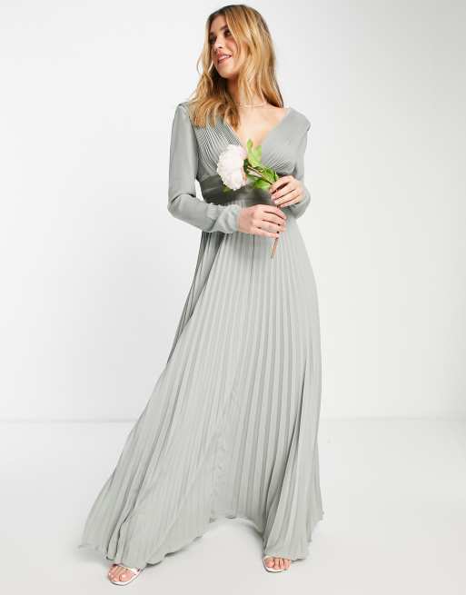 ASOS DESIGN Bridesmaid ruched waist maxi dress with long sleeves and pleat  skirt in olive