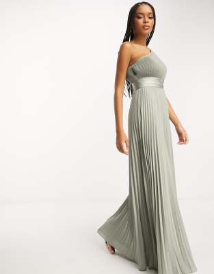 Asos Design Bridesmaid Pleated One Shoulder Maxi Dress With Tie Waist In Sage-green