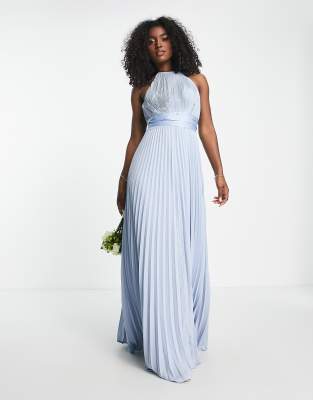 ASOS DESIGN Bridesmaid pleated pinny maxi dress with satin wrap waist in blue