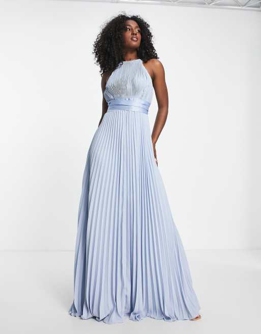 ASOS DESIGN Bridesmaid pleated pinny maxi dress with satin wrap waist in blue