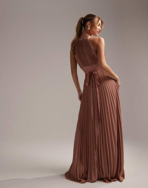 ASOS DESIGN Bridesmaid pleated pinny maxi dress with satin wrap waist in mocha