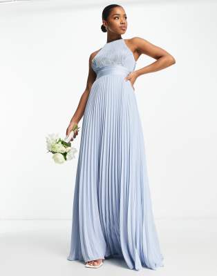 Asos Design Bridesmaid Pleated Pinny Maxi Dress With Satin Wrap Waist