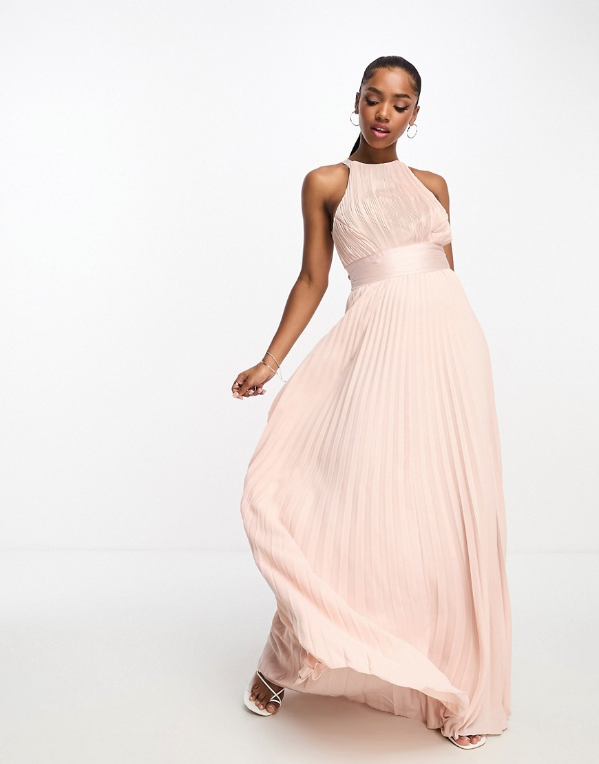 ASOS DESIGN Bridesmaid pleated pinny maxi dress with satin wrap waist-Pink