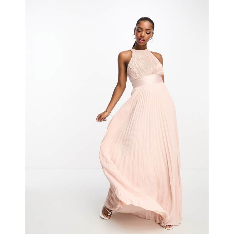 ASOS DESIGN Bridesmaid pleated pinny maxi dress with satin wrap