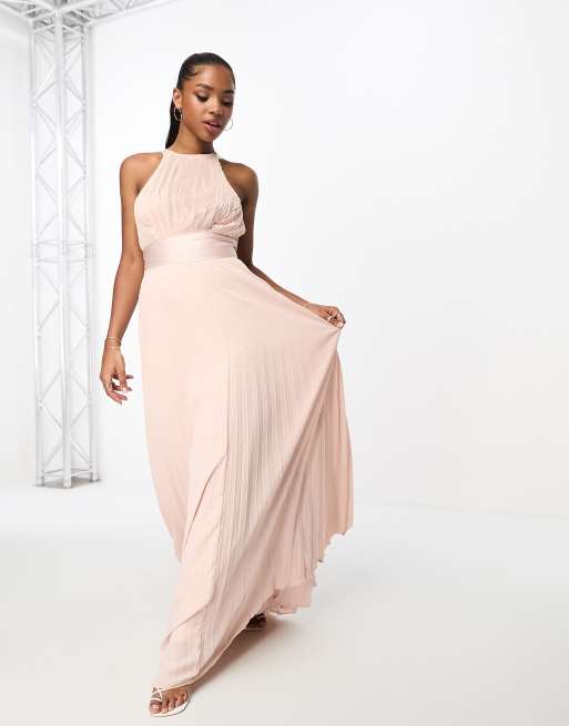 ASOS DESIGN Bridesmaid pleated pinny maxi dress with satin wrap waist