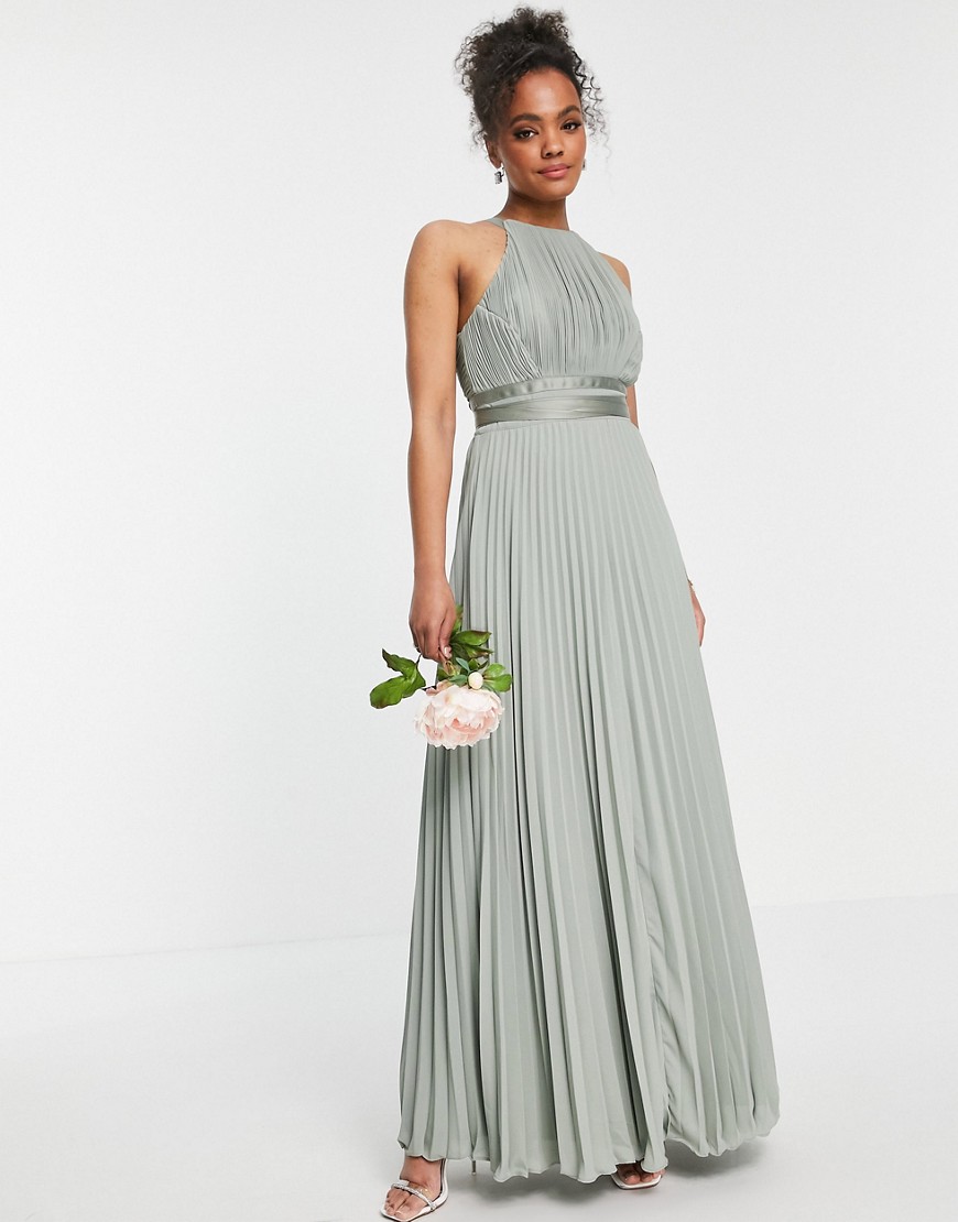 ASOS DESIGN Bridesmaid pleated pinny maxi dress with satin wrap waist-Green
