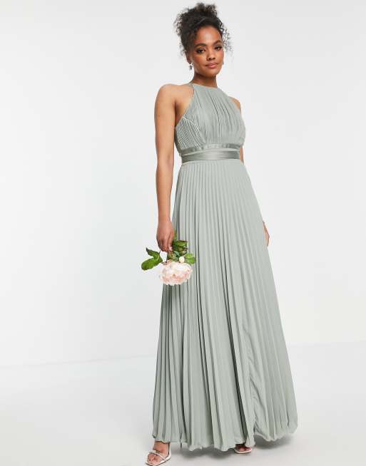 ASOS DESIGN Maternity Bridesmaid pleated flutter sleeve maxi dress with  satin wrap waist in olive