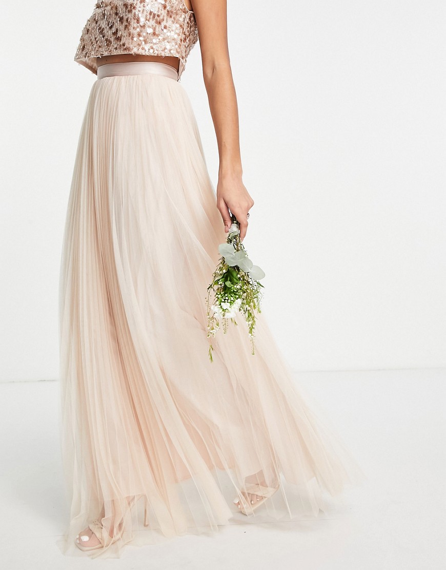 ASOS DESIGN Bridesmaid pleated tulle maxi skirt with ribbon waist in champagne - part of a set-Pink
