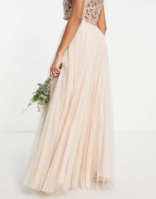 ASOS DESIGN bridesmaid tulle cami maxi dress with satin ribbon waist detail  and pleated skirt in champagne - ShopStyle