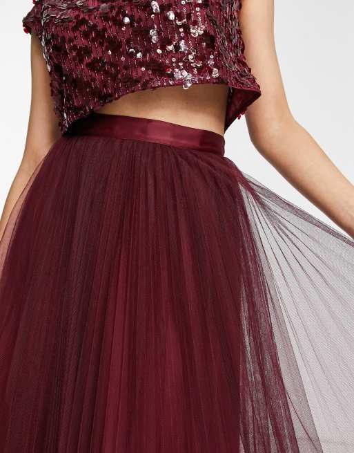 ASOS DESIGN Bridesmaid pleated tulle maxi skirt with ribbon waist in wine part of a set