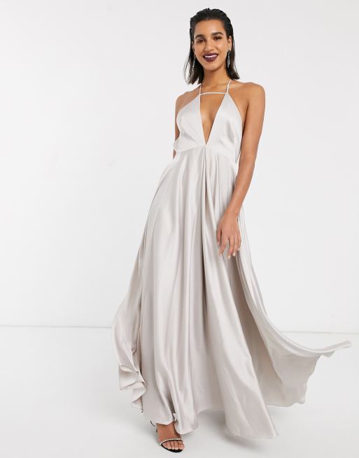 ASOS DESIGN Bridesmaid plunge cami maxi dress with full skirt GREY GREY