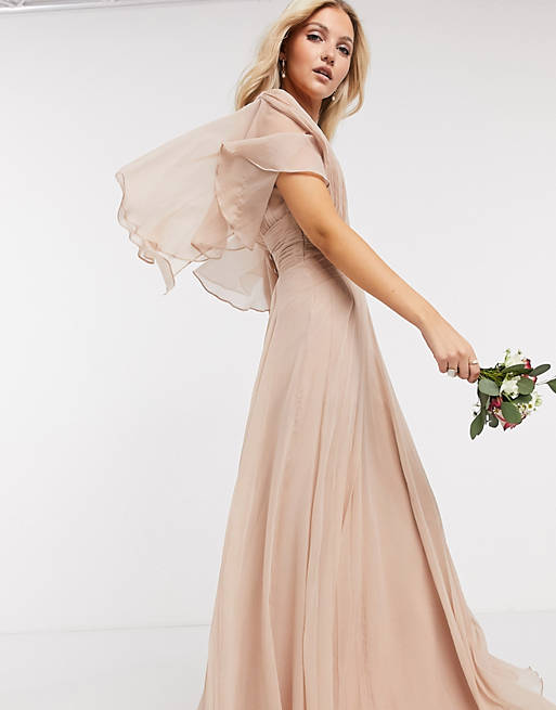 ASOS DESIGN Bridesmaid ruched bodice drape maxi dress with wrap waist and flutter cape sleeve in blush