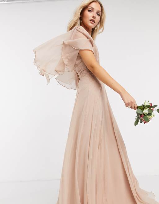 ASOS DESIGN Bridesmaid ruched bodice drape maxi dress with wrap waist and  flutter cape sleeve - ShopStyle