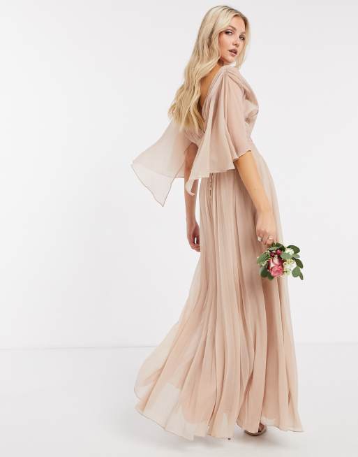 ASOS DESIGN Bridesmaid pleated flutter sleeve maxi dress with satin wrap  waist