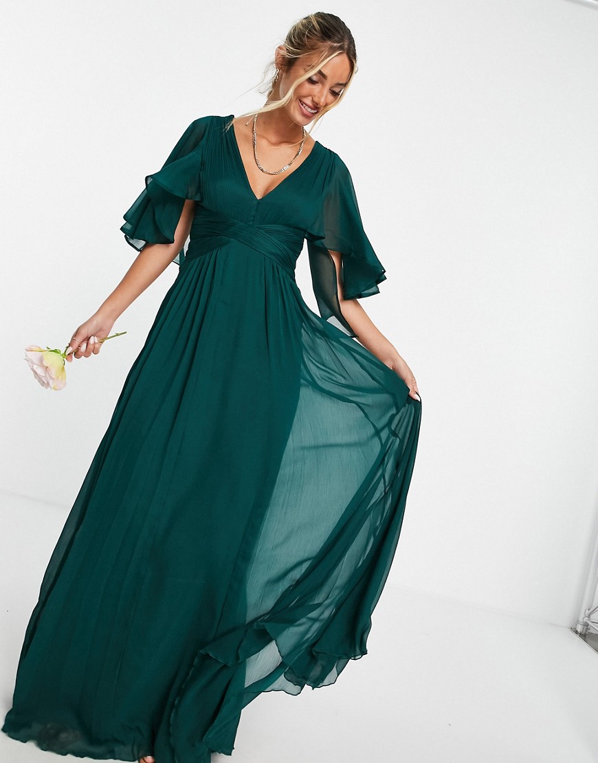 Asos Design Bridesmaid Ruched Bodice Drape Maxi Dress With Wrap Waist And Flutter Cape Sleeve In Forest Green
