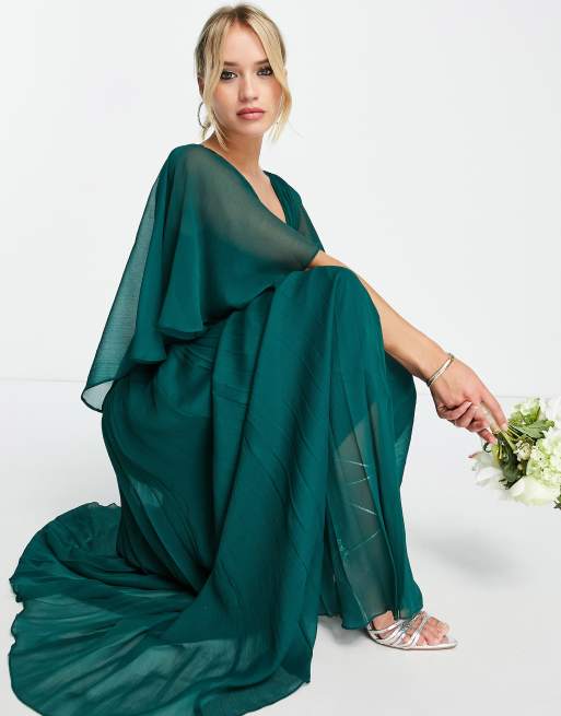 ASOS DESIGN Bridesmaid ruched bodice drape maxi dress with wrap waist and  flutter cape sleeve - ShopStyle