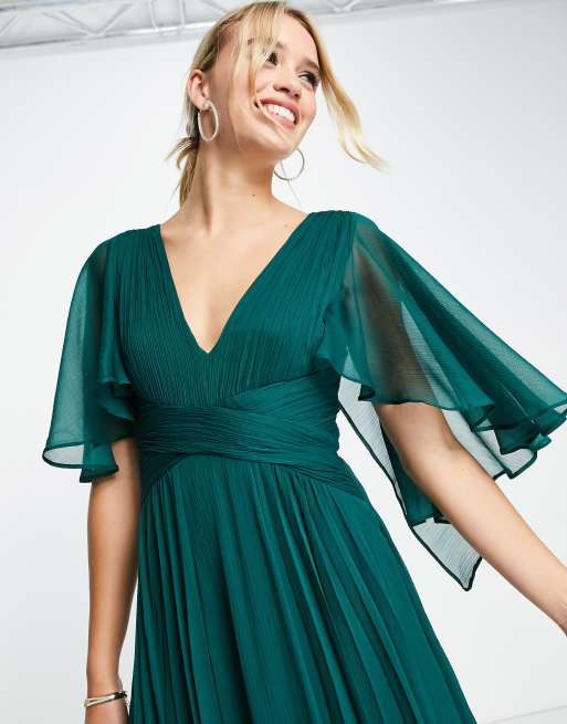 ASOS DESIGN Bridesmaid ruched bodice drape maxi dress with wrap waist and flutter cape sleeve in forest green