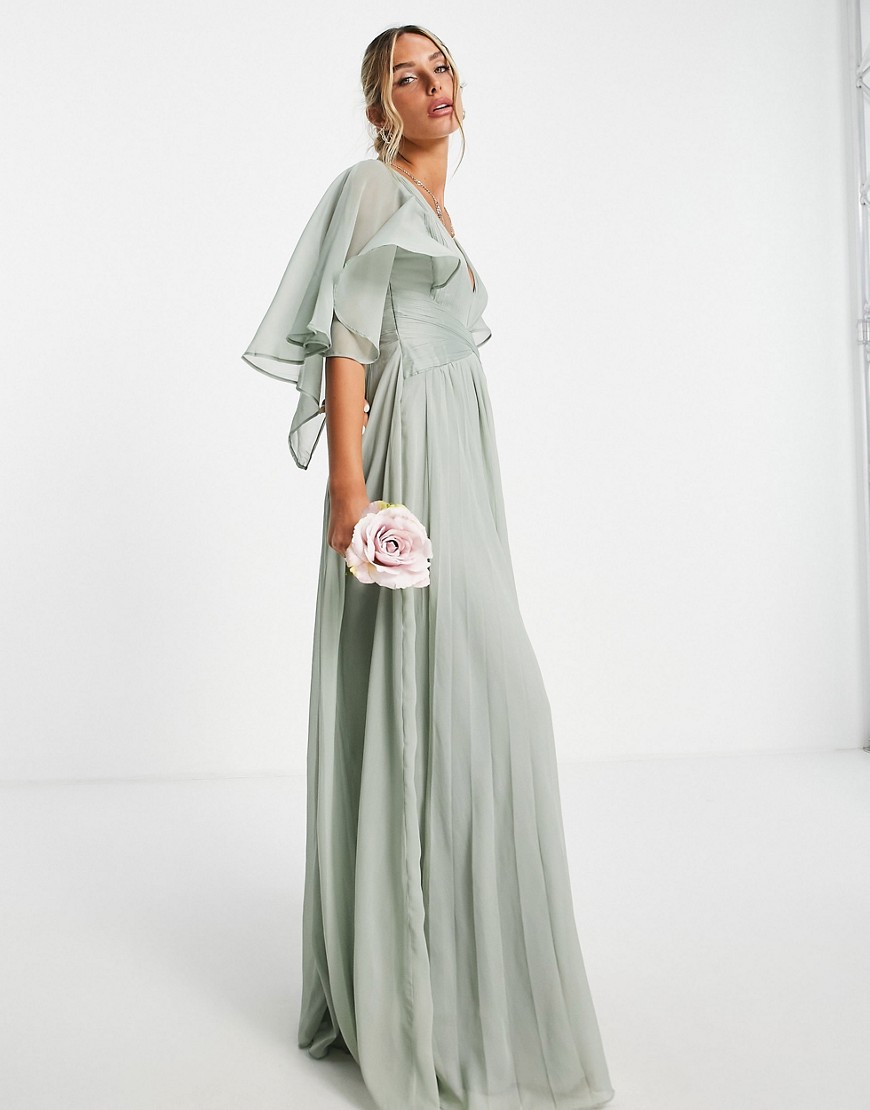 ASOS DESIGN Bridesmaid ruched bodice drape maxi dress with wrap waist and flutter cape sleeve in olive-Green